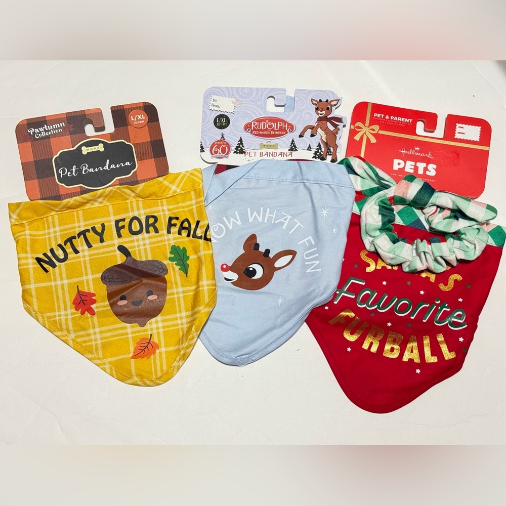 3 bandanas for dogs, Woof fall, Rudolph the red nose reindeer & pet & parent